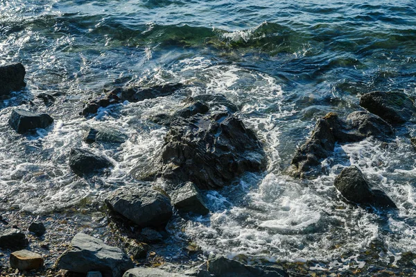 Onde Riva Mare Focus Selettivo Con Bassa Profondità Campo — Foto Stock