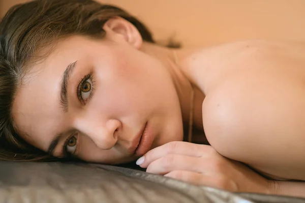 Closeup Portrait Beautiful Young Lady Lying Bed — Stock Photo, Image
