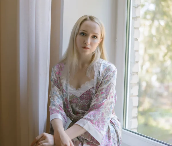 Beautiful Young Woman Sitting Window Selective Focus — Stock Photo, Image