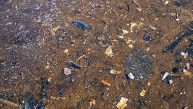 Sudaki petrol ve çöp kirliliği. Sığ alan derinliğine sahip seçici odak.