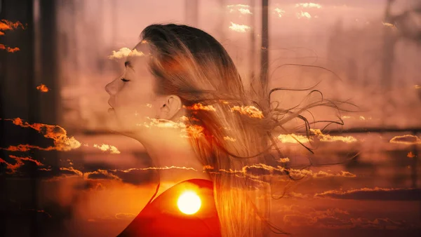 Double Exposure Young Woman Sunset Sky — Stock Photo, Image