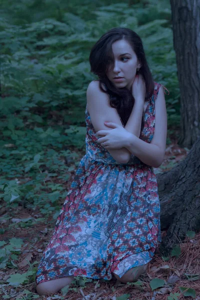 Scared Young Woman Forest Night — Stock Photo, Image