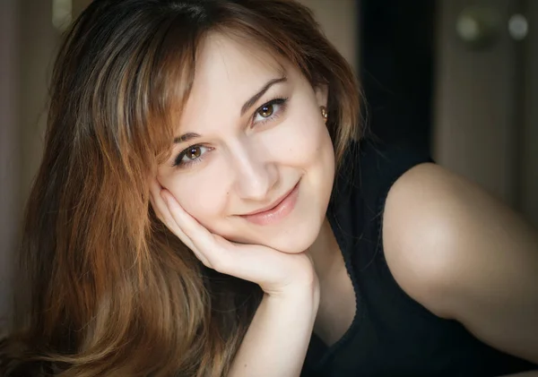 Closeup Portrait Beautiful Young Lady Lying Bed — Stock Photo, Image