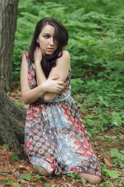 Scared Young Woman Forest Night — Stock Photo, Image