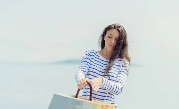 Woman Striped Shirt Keeps Breakwater — Stock Photo, Image