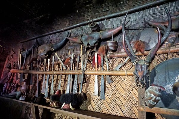 In the tribal village of Longwa local Konyak people decorate their longhouses with various animal skulls like Mithuns or Gayals and other hunted animals. Their traditional weapons are often displayed as well.