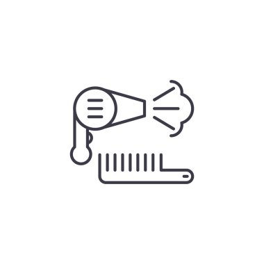 Saç kurutma makinesi doğrusal simgesi kavramı. Saç kurutma makinesi çizgi vektör işaret, sembol, şekil.