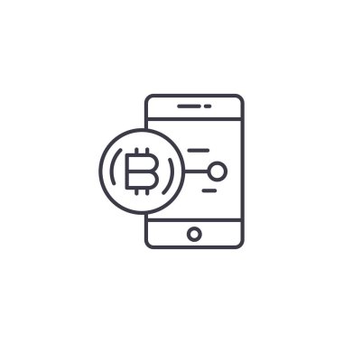 İşlemleri bitcoin doğrusal simgesi konsepti ile. İşlemleri ile bitcoin satır vektör işaret, sembol, illüstrasyon.