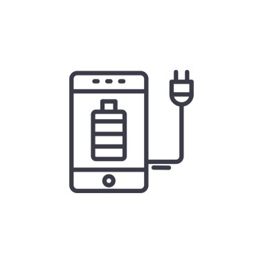 Telefon şarj doğrusal simgesi genel kavram. Telefon şarj çizgi vektör işaret, sembol, şekil.