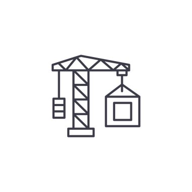Emlak vinç inşaat doğrusal simgesi kavramı. Emlak İnşaat çizgi vektör işaret, sembol, illüstrasyon vinç.