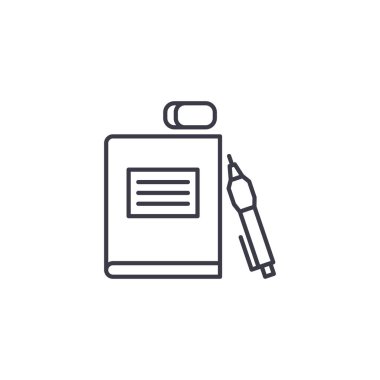 Okul doğrusal simgesi kavramı malzemeleri. Okul malzemeleri çizgi vektör işaret, sembol, şekil.