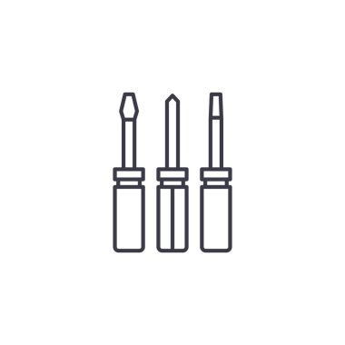 Tornavidalar doğrusal simgesi kavramı ayarlayın. Tornavida set çizgi vektör işaret, sembol, illüstrasyon.