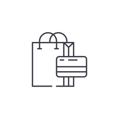 Alışveriş torbaları ve kartları doğrusal simgesi kavramı. Alışveriş torbaları ve kartları satır vektör işaret, sembol, illüstrasyon.