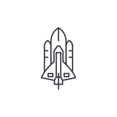 Uzay mekiği doğrusal simgesi kavramı. Uzay mekiği çizgi vektör işaret, sembol, illüstrasyon.