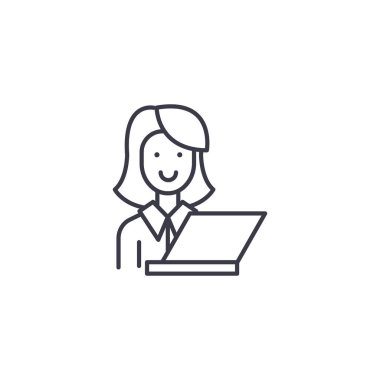 Öğretmen dizüstü doğrusal simgesi konsepti ile. Öğretmen dizüstü çizgi vektör işaret, sembol, şekil.