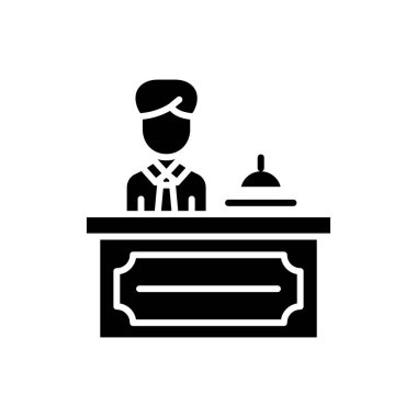 Resepsiyon masası siyah simge kavramı. Resepsiyon masası düz vektör simgesi, işaret, resim.