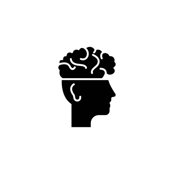 Cérebro na cabeça conceito ícone preto. Cérebro na cabeça símbolo vetorial plana, sinal, ilustração . — Vetor de Stock