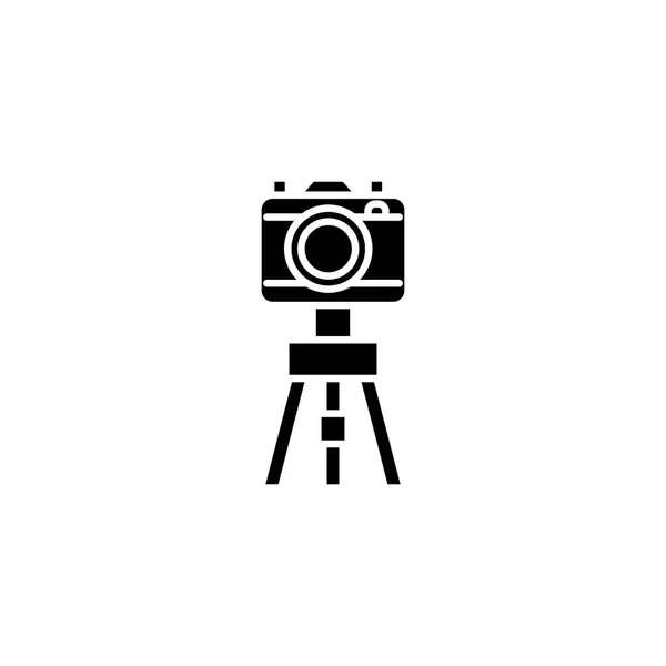 Camera with the tripod black icon concept. Camera with the tripod flat  vector symbol, sign, illustration. — Stock Vector