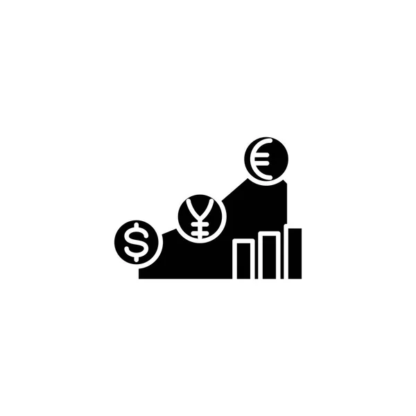 Valuta tarieven geschiedenis zwart pictogram concept. Tarieven geschiedenis platte vector valutasymbool, teken, illustratie. — Stockvector