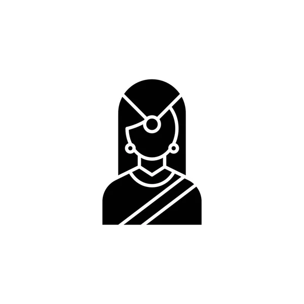 Indiase traditionele vrouw zwarte pictogram concept. Indiase traditionele vrouw platte vector symbool, teken, illustratie. — Stockvector