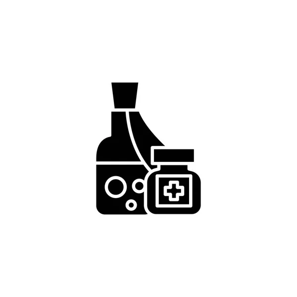 Geneeskunde remedie zwart pictogram concept. Geneeskunde verhelpen platte vector symbool, teken, illustratie. — Stockvector