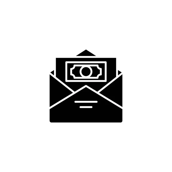 Geld in de envelop zwart pictogram concept. Geld in de envelop platte vector symbool, teken, illustratie. — Stockvector