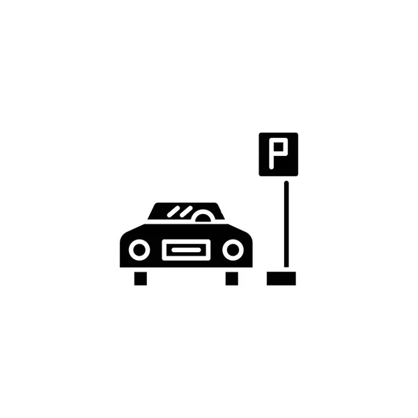 Parkeerplaats zwarte pictogram concept. Parkeerplaats platte vector symbool, teken, illustratie. — Stockvector