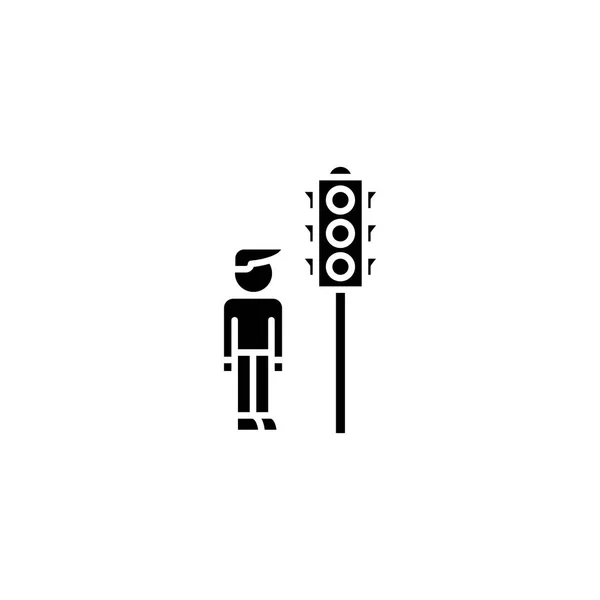 交通灯黑色图标概念。交通灯平面矢量符号, 符号, 插图. — 图库矢量图片