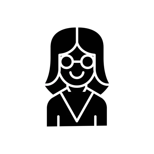 Kvinna vetenskapsman svart ikon konceptet. Kvinna vetenskapsman platt vektor symbol, underteckna, illustration. — Stock vektor