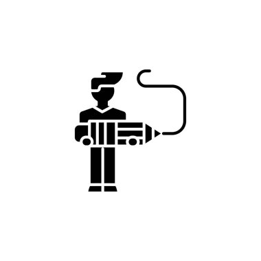 Tasarımcı siyah simge kavramı. Tasarımcı düz vektör simgesi, işaret, resim.