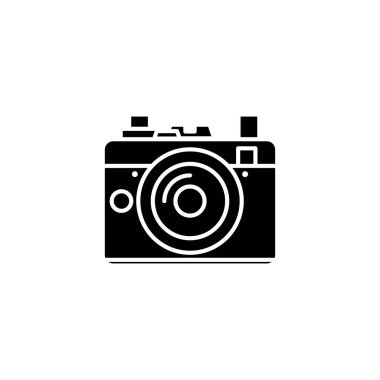 Film Kamera siyah simge kavramı. Film kamera düz vektör simgesi, işaret, resim.
