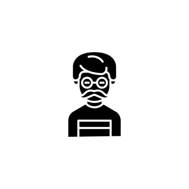 Hipster adam siyah simge kavramı. Hipster adam düz vektör simgesi, işaret, resim.