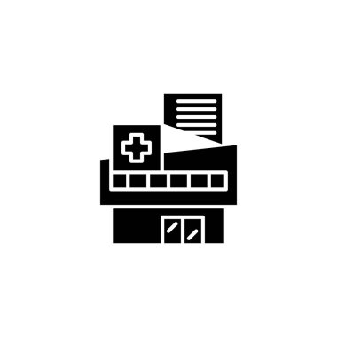 Hastane siyah simge kavramı. Hastane düz vektör simgesi, işaret, resim.