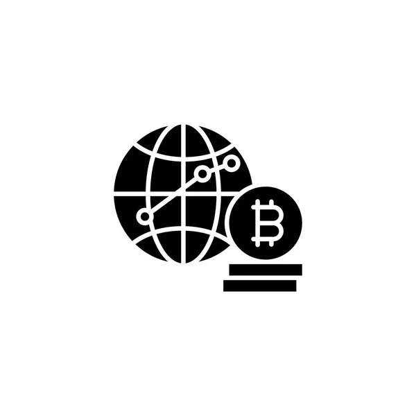 Глобальный биткойн требует черной иконки. Глобальный bitcoin требует плоского векторного символа, знака, иллюстрации . — стоковый вектор