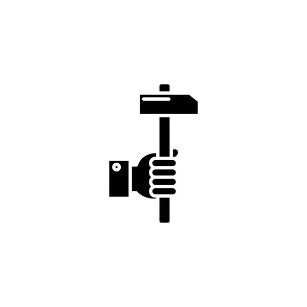 ハンマー手に黒いアイコンのコンセプト。ハンマー手にフラットのベクトル記号, サイン, イラスト. — ストックベクタ