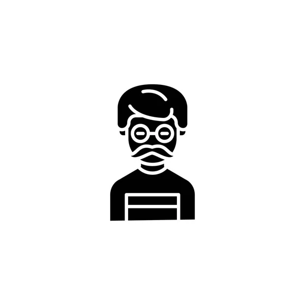 Hipster man zwart pictogram concept. Hipster man platte vector symbool, teken, illustratie. — Stockvector