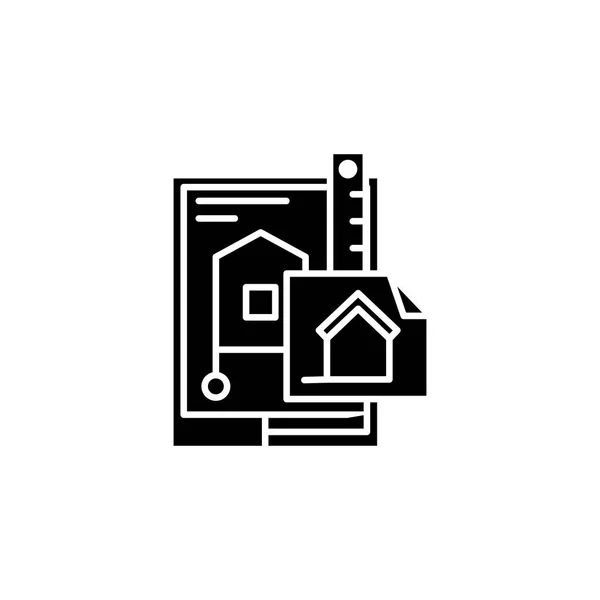 Progettazione del concetto di icona nera edificio. Design dell'edificio simbolo vettoriale piatto, segno, illustrazione . Vettoriale Stock
