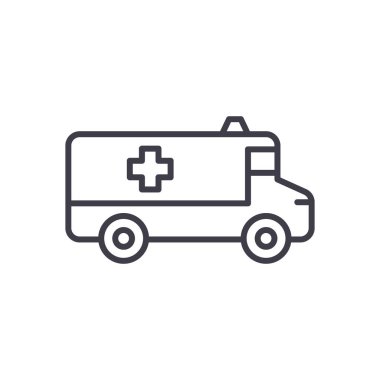 Ambulans araba siyah simge kavramı. Ambulans araba düz vektör simgesi, işaret, resim.