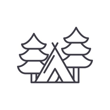Orman siyah simge kavramında kamp. Kamp orman düz vektör simgesi, işaret, resim.