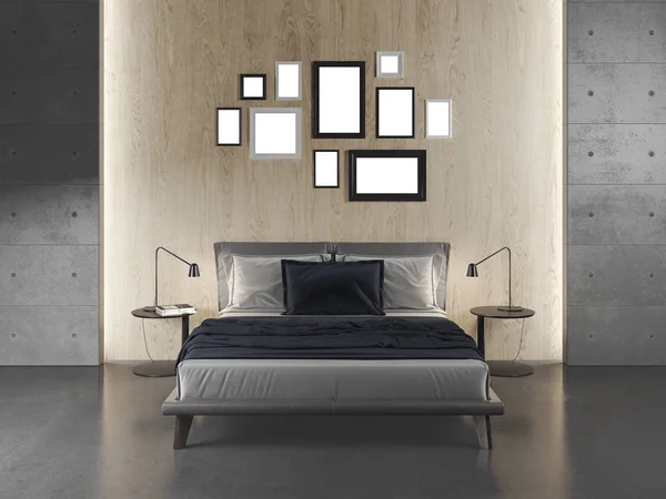 Moderne Slaapkamer Met Betonnen Vloer Muren Mockup Frames Houten Muur — Stockfoto