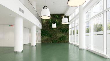 Doğal ışıkla aydınlatılan yeşil duvarlı geniş bir ofis.