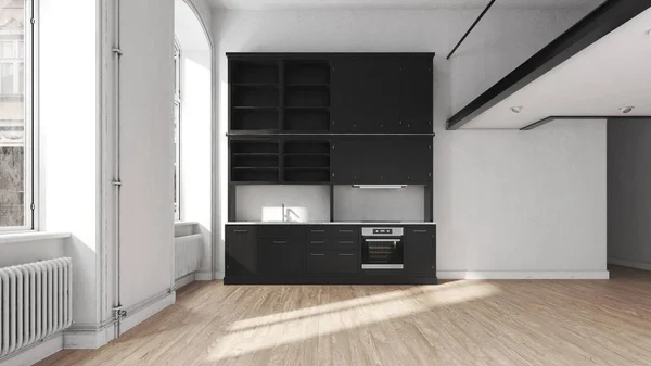Kuchnia skandynawska pusty apartament wnętrza bez mebli — Zdjęcie stockowe