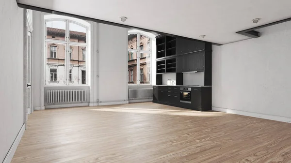 Σκανδιναβική κουζίνα άδειο διαμέρισμα εσωτερικό χωρίς έπιπλα — Φωτογραφία Αρχείου