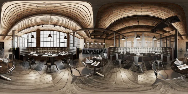 Industrial wooden brick loft cafe restaurant 360 interior