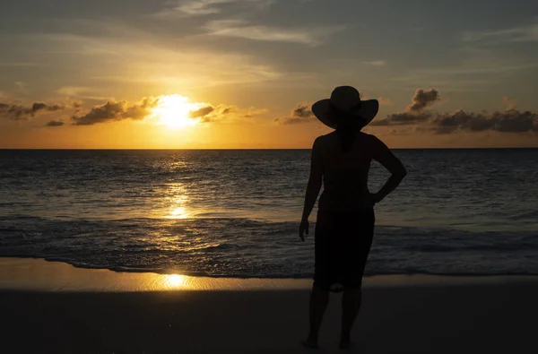 Silhouet Van Een Vrouw Die Kijken Naar Zonsondergang Een Caribische — Stockfoto