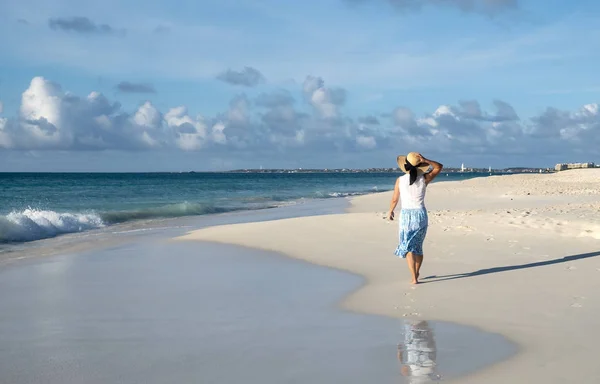 Vista Posteriore Una Donna Gonna Blu Top Bianco Cappello Paglia — Foto Stock