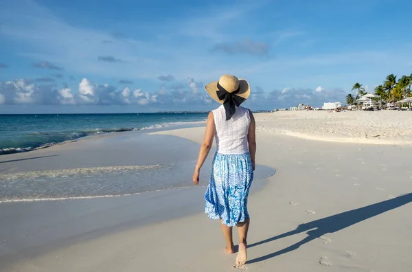 Vista Posteriore Una Donna Gonna Blu Top Bianco Cappello Paglia — Foto Stock