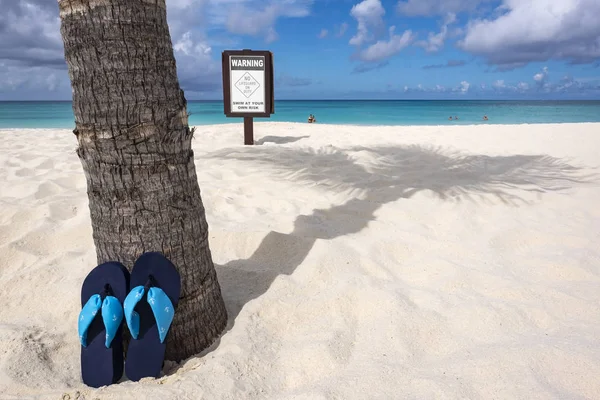 Pair Flip Flops Leaning Palm Tree Warning Sign Caribbean Beach — Stock Photo, Image