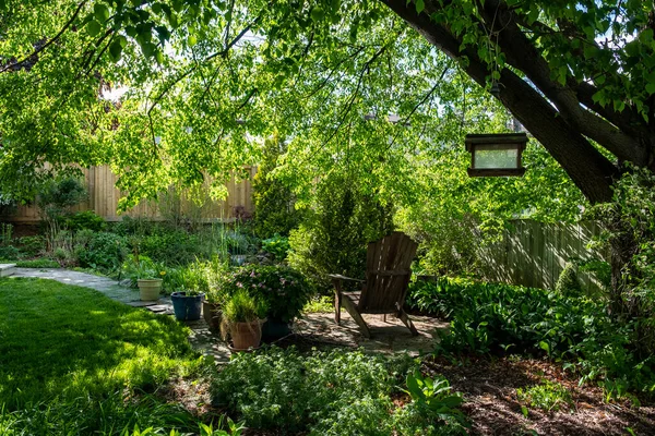 Eine Hinterhof Oase Mit Pflanzen Bäumen Und Einem Teich — Stockfoto