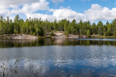 Mavi Gök 'ün Güzel Yansıması, Beyaz Bulutlar, Evergreen ve Pembe Granit Kayalar Moira Gölünde, Fransız Nehri, Ontario
